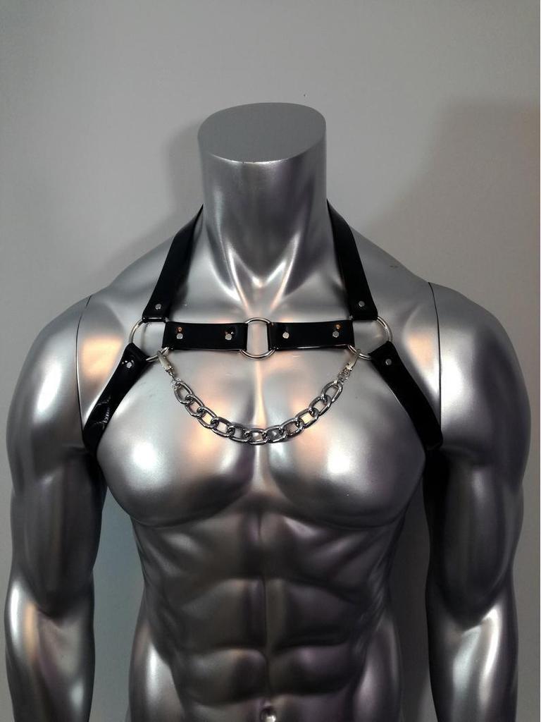 European-American Style Men's Black Choker Belt Body Chain with Chest Strap Harness