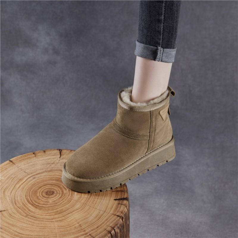 Johnature Genuine Leather Thick Soled Snow Boots Cow Suede And Plush Warm Women's Cotton Shoes