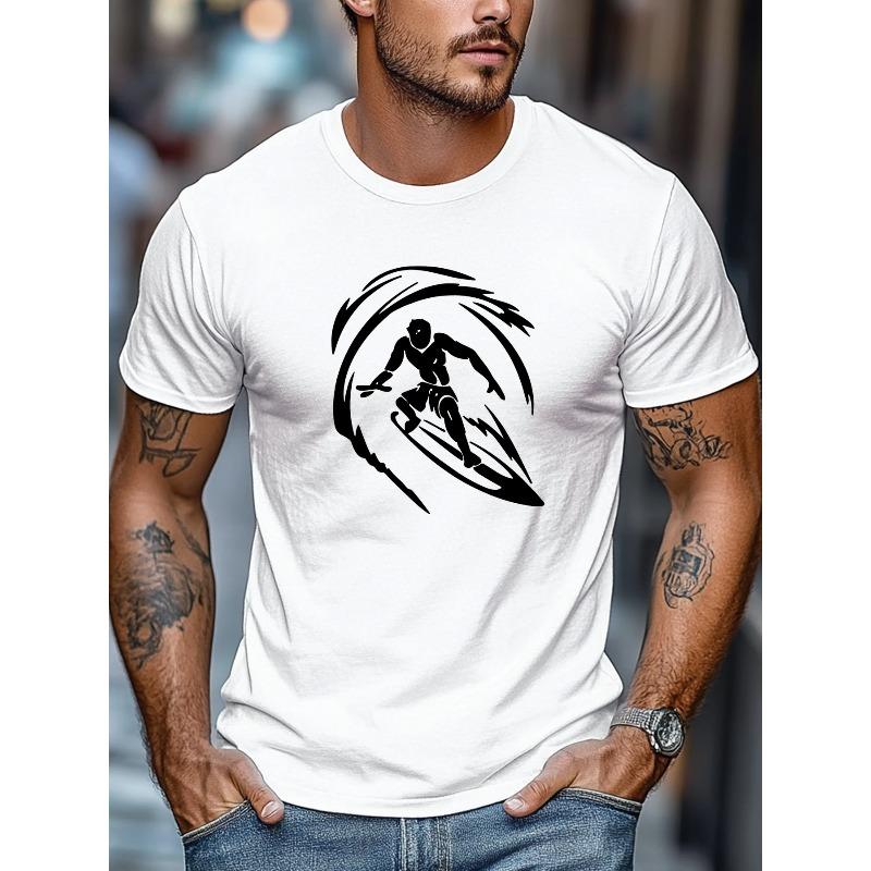 European Size Men's T-shirt, Simple and Stylish, Relaxed and Casual, Men's Surfer and Wave Pattern Summer Casual Crew Neck Short Sleeve T-shirt