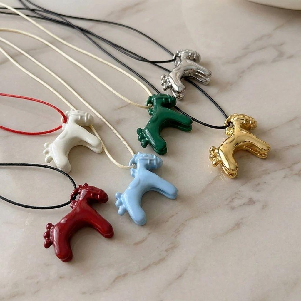 Colorful Horse Pendant Long Necklace for Women Simple Adjustable Sweater Chain Necklaces Friendship Jewelry Gifts