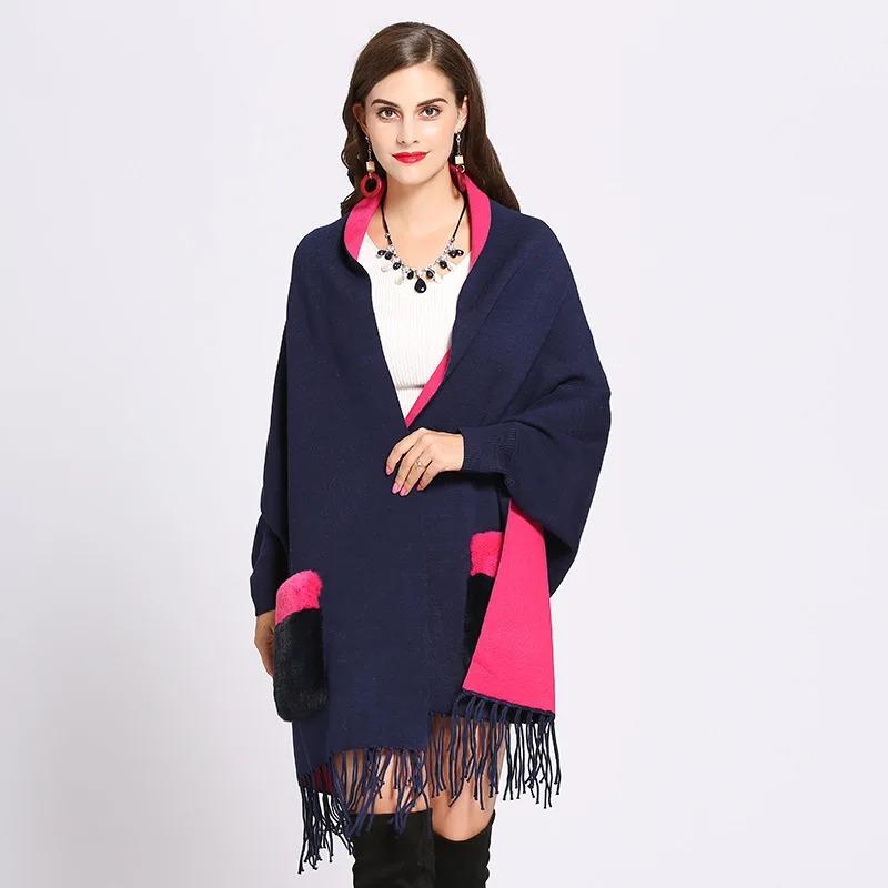 Winter Faux Cashmere Poncho Loose Streetwear Women Batwing Sleeve Shawl Capes Fur Pocket Female Oversize Tassel Knitted Cloak