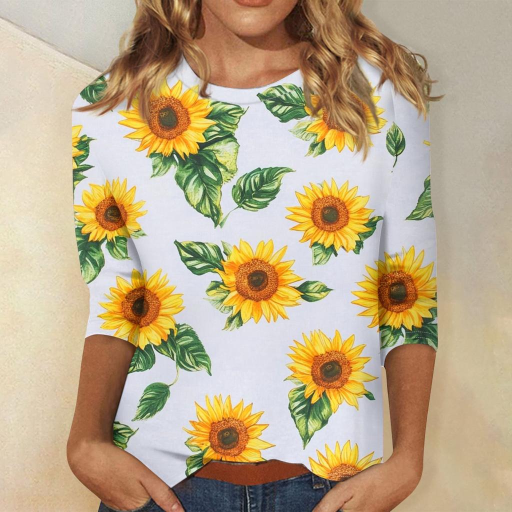 Damenmode Lässiges Rundhals-T-Shirt mit 3/4-Ärmeln und lockerem Aufdruck