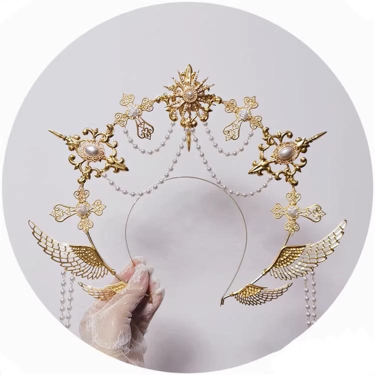 Halo Headwear Gothic Style Lolita Angel Wings Goddess Sun Virgin Mary Spiked Pearl Pendant Golden KC Halo Crown Hair Accessories