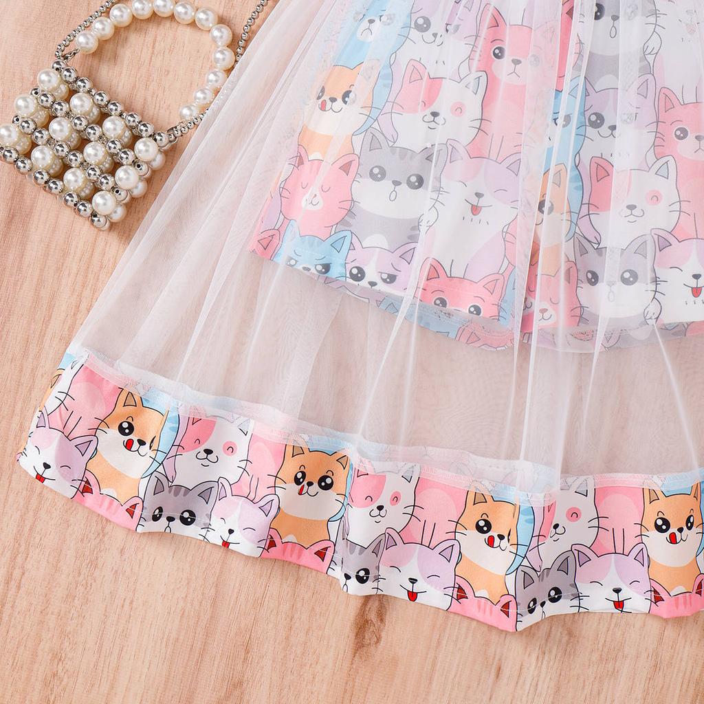 Girls Fashion Dress Summer Kids Cute Cartoon Print Shorts Lined with Suspenders Patchwork Mesh Dress