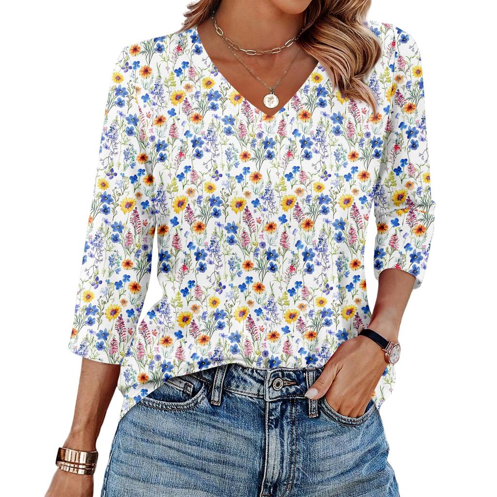 Women's V Neck 3/4 Sleeve Tops Casual T Shirts Basic Summer Tees Loose Fit Fall Pullover Tunic