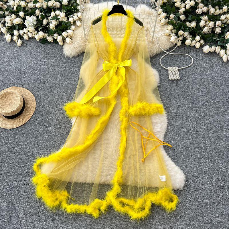 

Light Luxury Elegant Sexy Furry Patchwork Bell Sleeve Mesh Shawl Outerwear Women Lace-up Waist Hugging Long Bathrobe Pajamas Yellow One size