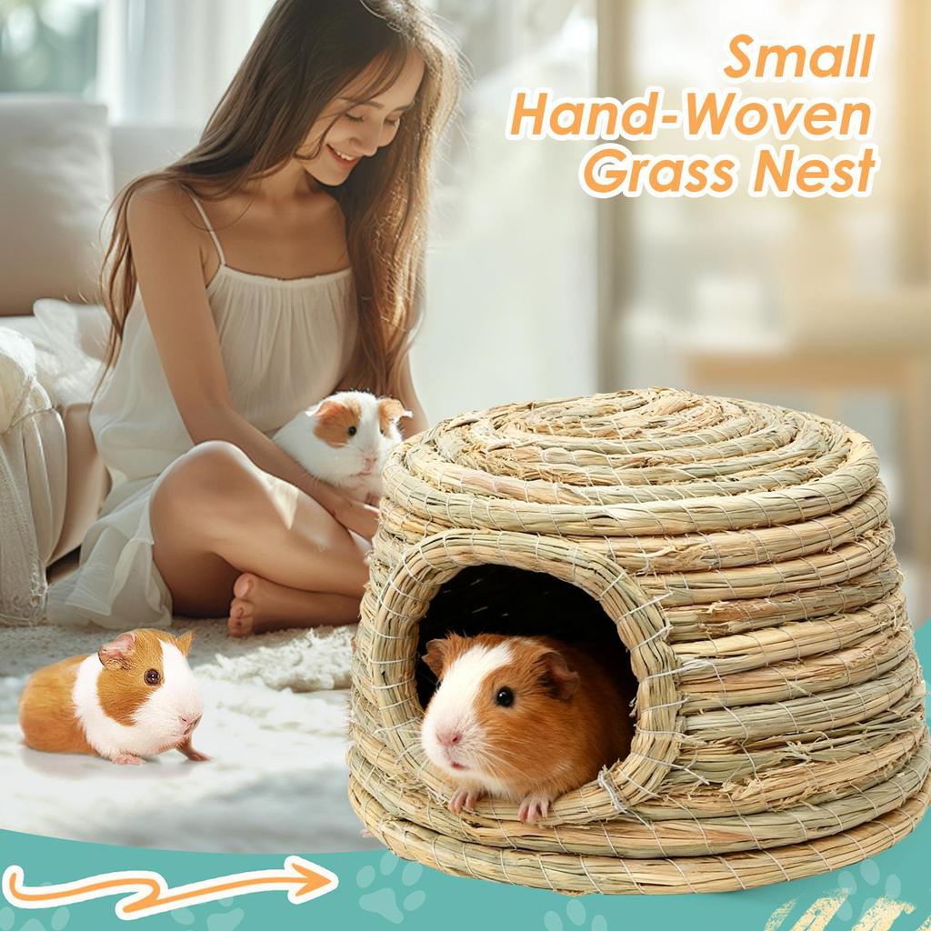 Grass House Hand-Woven Breathable Nest Shelter Chewing Bunny Hutch for Pet Hamster Chicken Home Cats Outdoor Small Animal