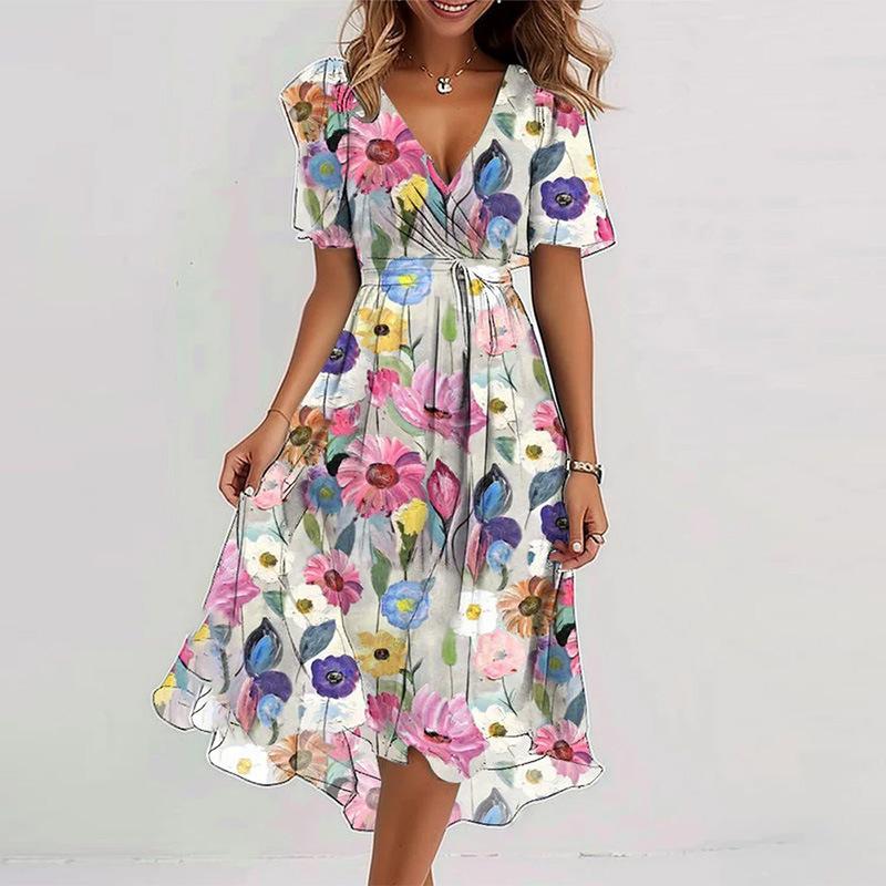 Damen V-Ausschnitt Kurzarm Blumenprint A-Linie Midi-Kleid Lässig Sommer Strand Urlaub Schwingendes Kleid