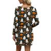 Women's Fashionable V-neck Long Sleeved Drawstring With Pocket Halloween Printed Casual Dress