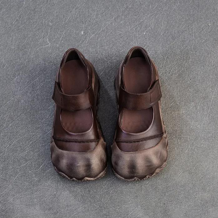 Johnature Sapatos retrô de bico redondo com sola grossa e couro legítimo, sapatos baixos femininos com sola macia