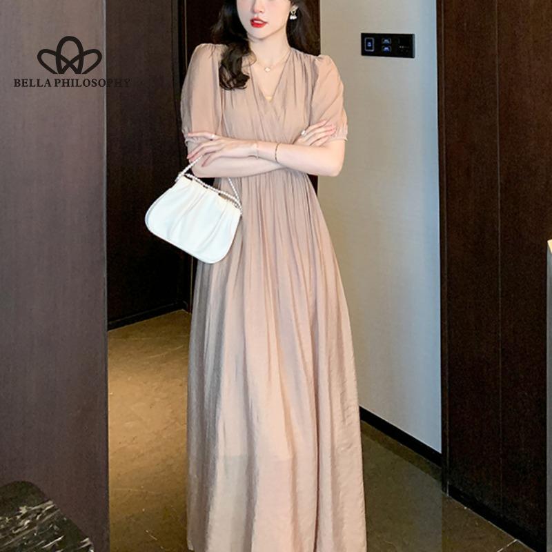 

Летнее новое элегантное длинное платье во французском стиле с v-образным вырезом на шнуровке и высокой талией, утягивающее платье с узкой талией M шампанского