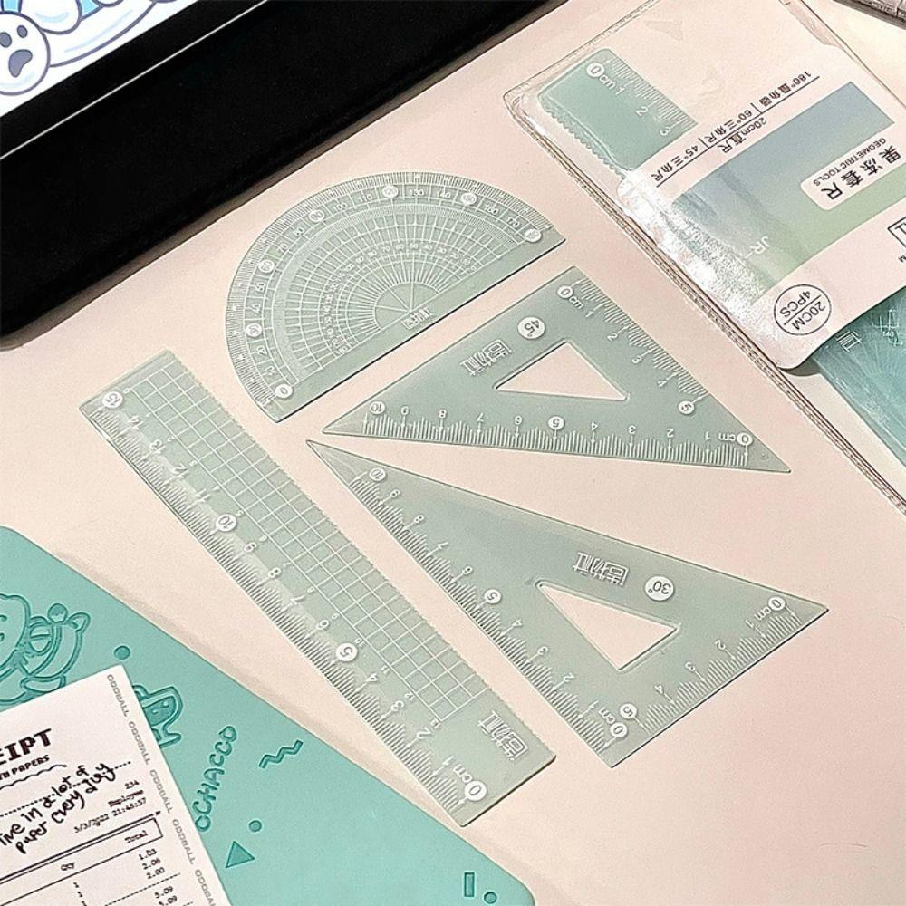 4PCS/Set Thickened Straight Ruler Transparent Set Square Multifunctional Jelly Ruler Set  Boys/Girls