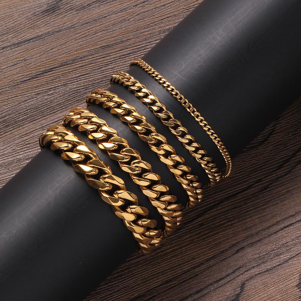 Fashion Hip Hop Jewelry Gold Silver Color 3/5/7/9/11mm Lobster Clasp Stainless Steel Cuban Link Bracelet for Women and Men