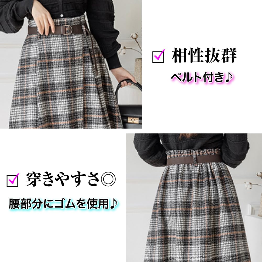 Asymmetrischer karierter Rock für Herbst und Winter [RREMN] Damen Midi-Länge Gemustert, Mit Gürtel, Dick, (Größe M, Grau)