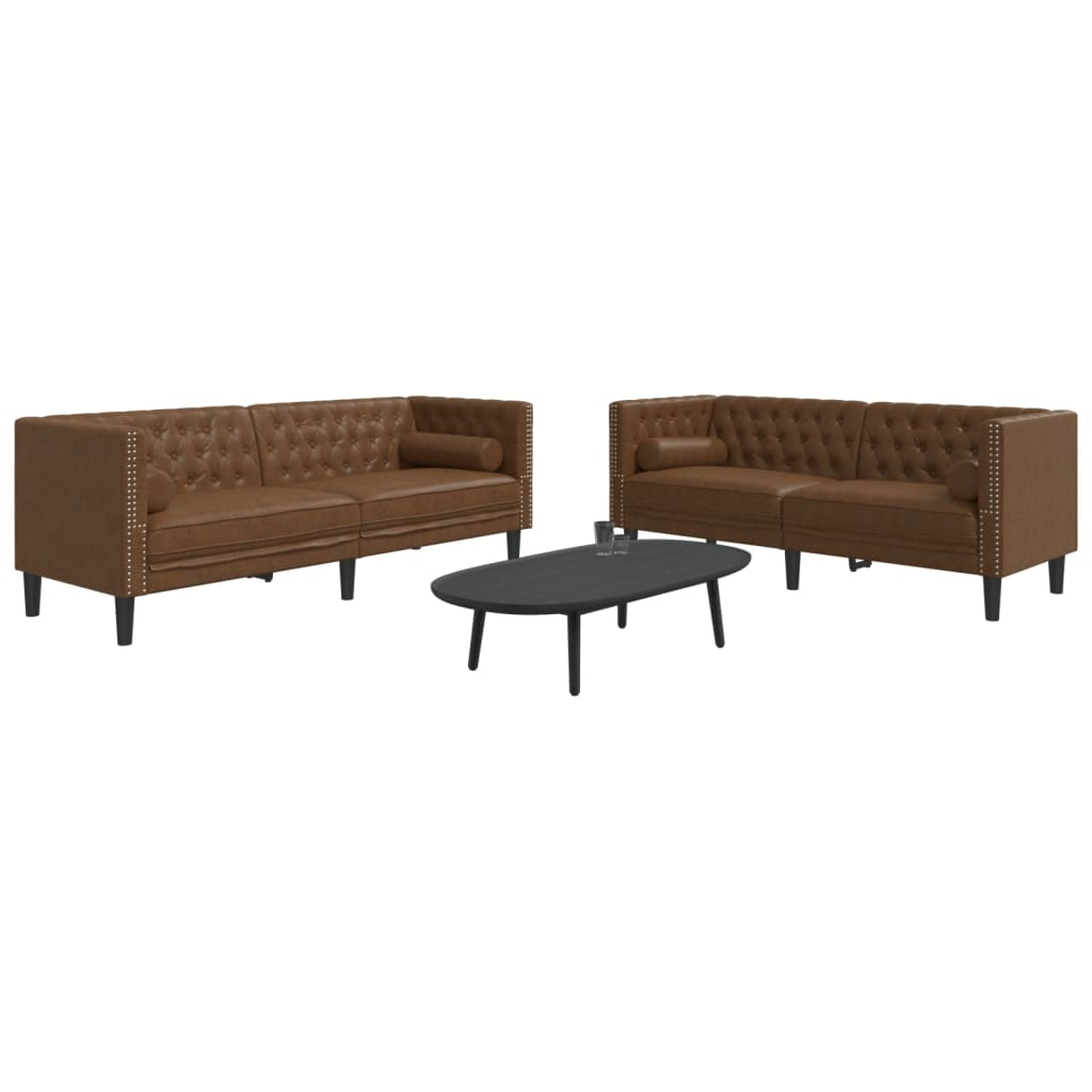 2 Piece Chesterfield Sofa Set in Brown Faux Leather with Suede Like Texture