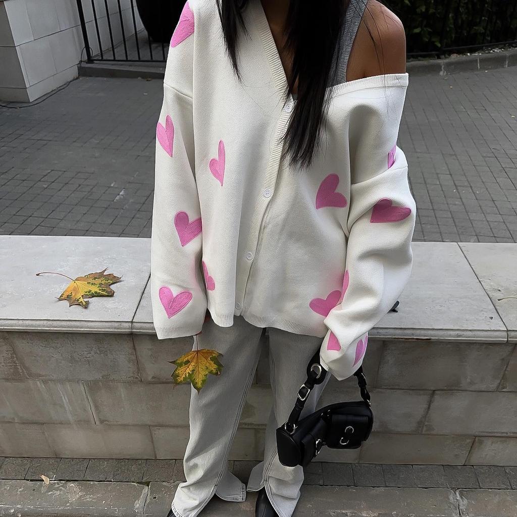 2023 European & American Style Women's Heart Embroidered Wool Cardigan - Long Sleeve, Thick Knit for Autumn & Winter