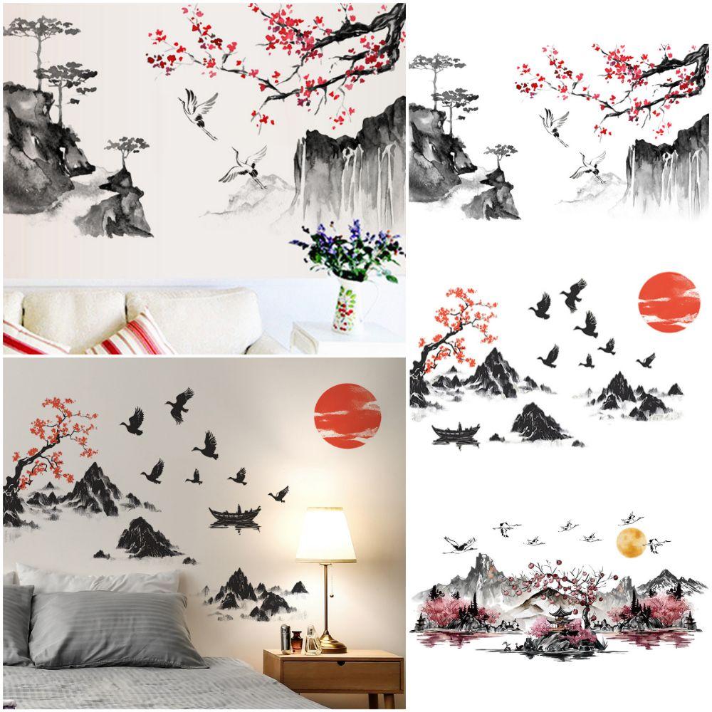 Chinese Style Ink Painting Wall Sticker Big Size Removable Landscape Painting Sticker Self Adhesive PVC Wallpaper