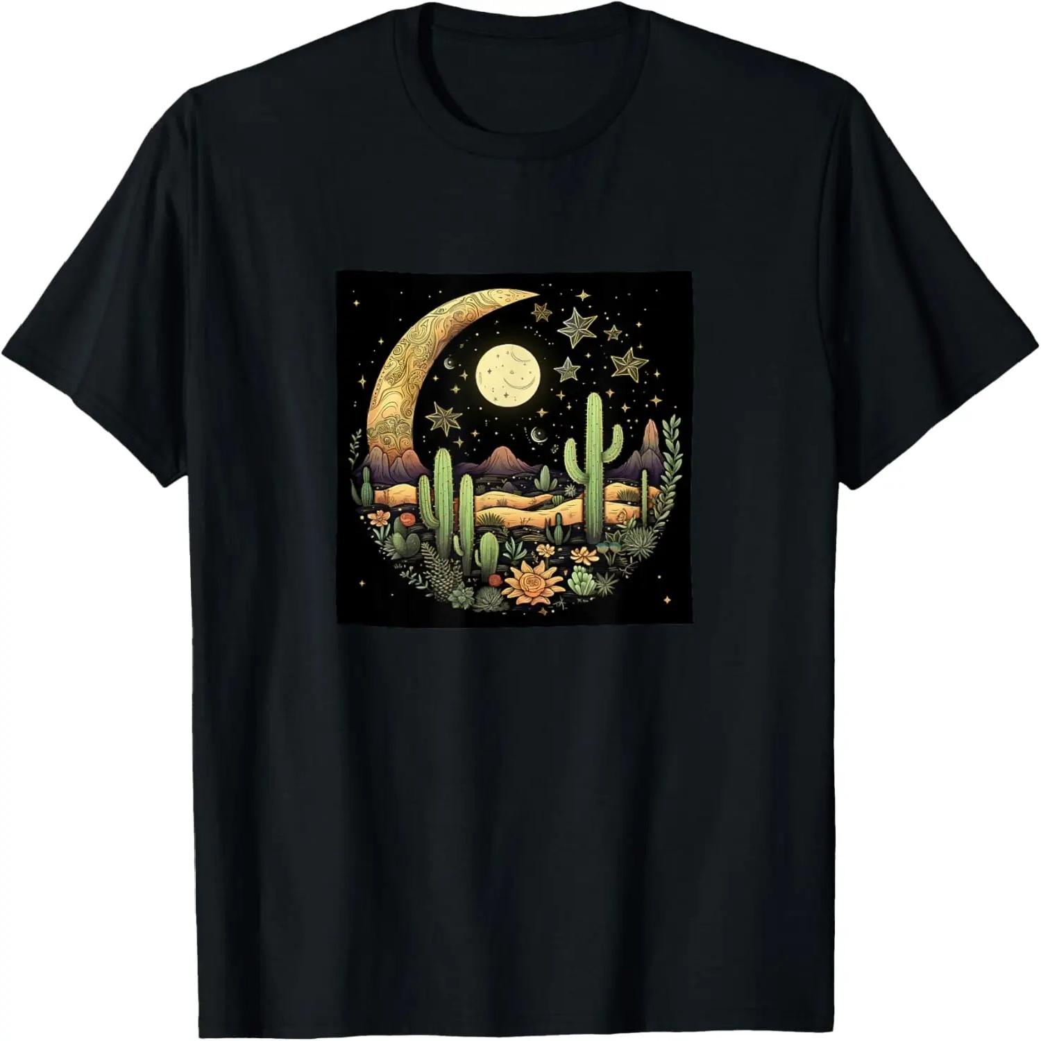 Cactus Moon Desert Flowers Stars Celestial Boho Graphic T-Shirt S