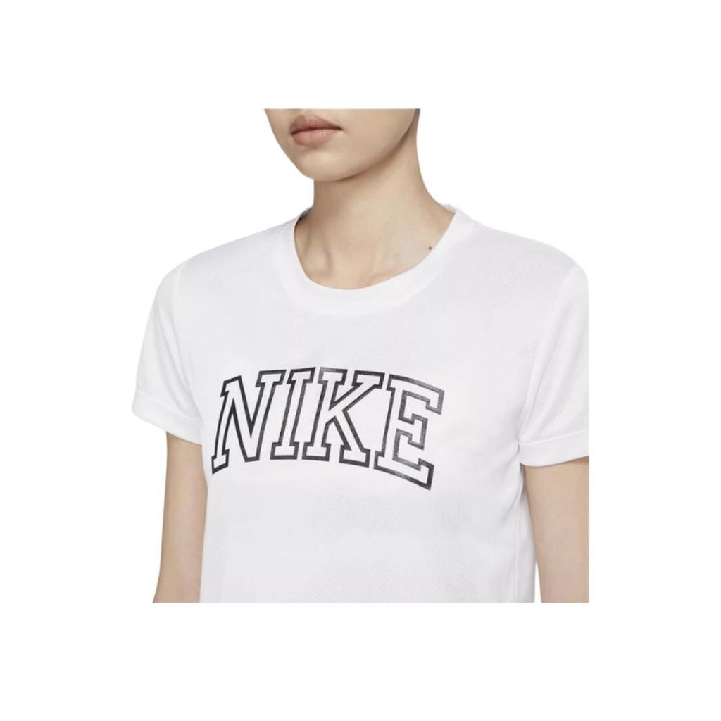 Nike Dri-FIT Solid Logo Print Crew Neck Sports T-Shirt Women Tops White DQ6372-100