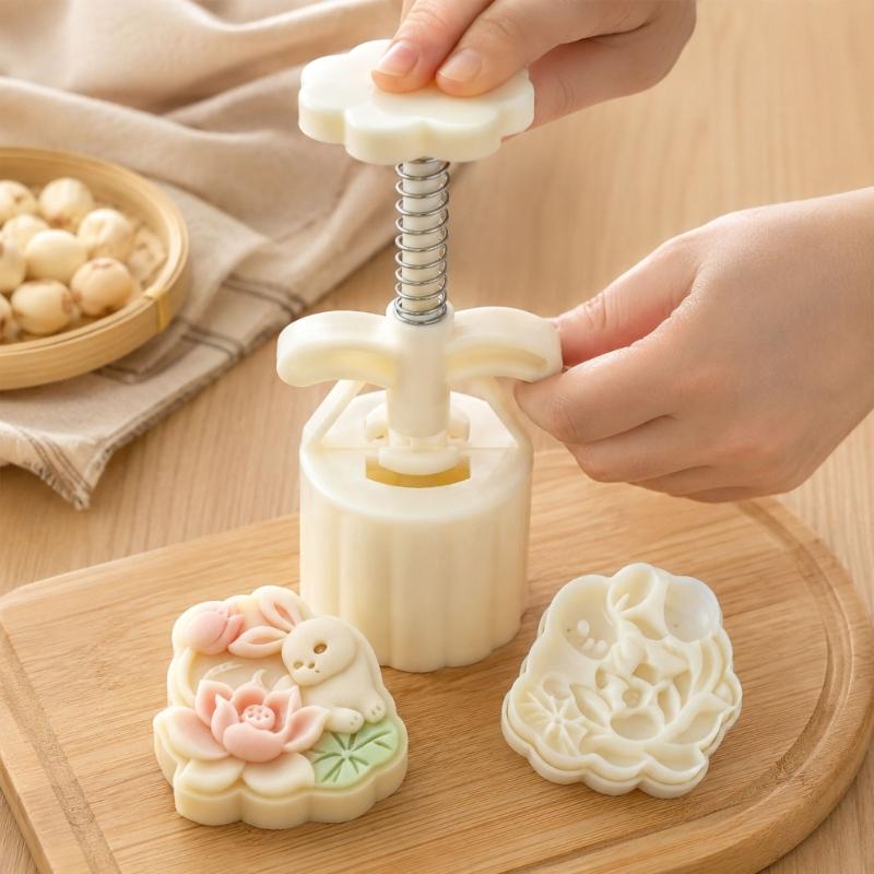 Lotuses Rabbit Moon Cake Molds 50G Manual Press Set, Plastic Pastry Shaping Tool for Pattern Dessert, Home Baking, and DIY Pastry Projects