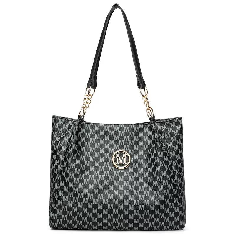 Vintage Geometric Tote Bag Synthetic Leather Letter "M" Design for Women Handbag Shoulder Bag Large Capacity Shopping Travel Bag