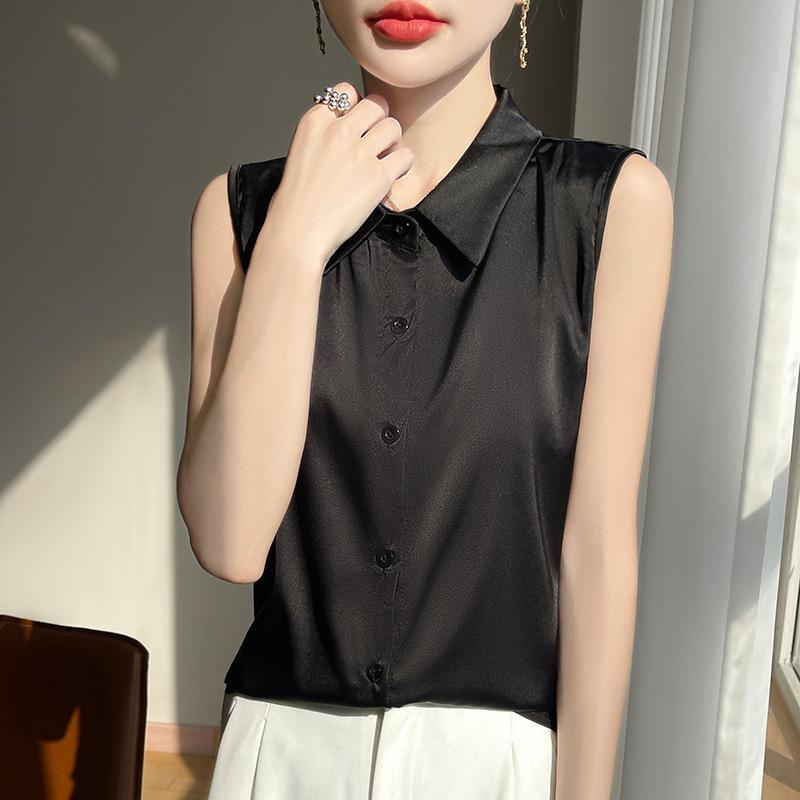 Women's Spring Summer Sleeveless Shirt Collar Silk Satin Blouse Inner Suit Bottom Collar Tank Top