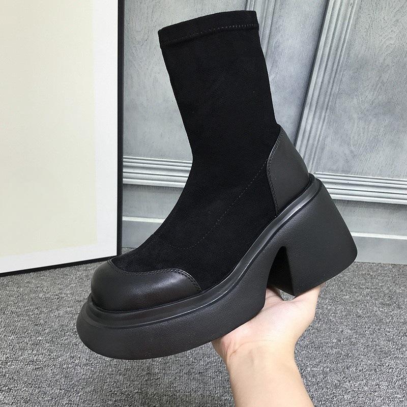 European station autumn and winter thick-soled heightening elastic boots women's versatile casual retro thick-heeled short boots tide
