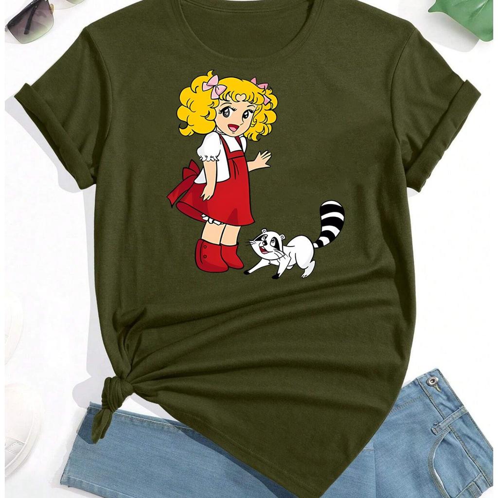 Damen T-Shirt mit kurzen Ärmeln, süßes kleines Mädchen Musterdruck, modisch, lässig, Rundhalsausschnitt, Oversize, Damenbekleidung