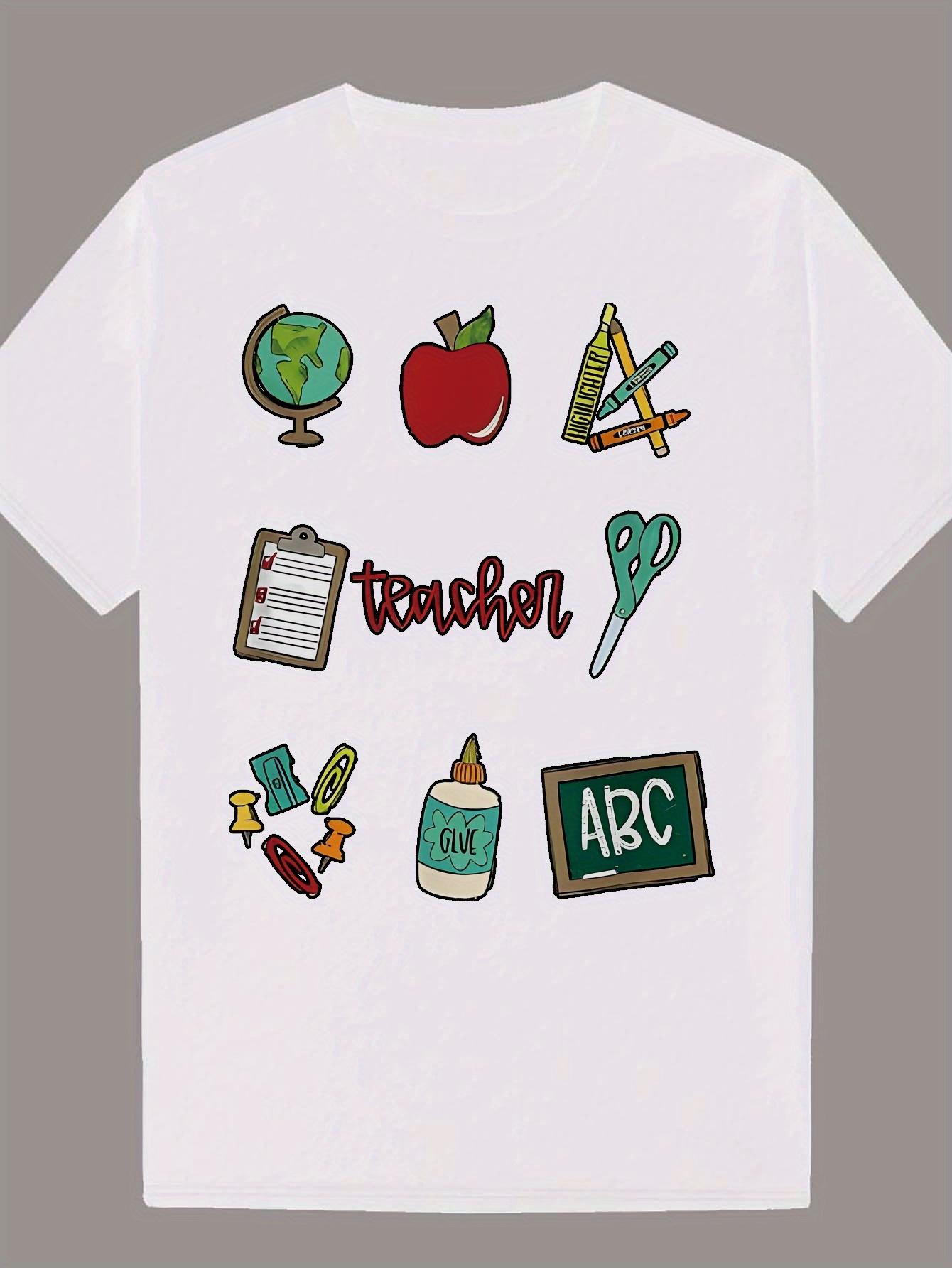 Casual Summer T-shirt with Teacher Graphic - Light Gray Polyester XXXXL