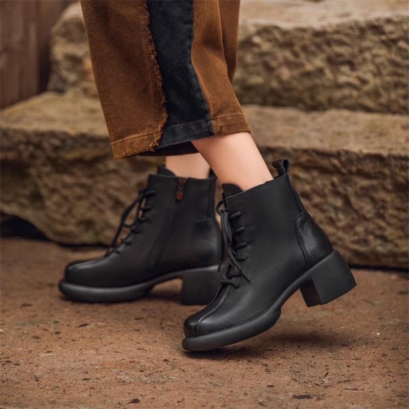 Fashion GKTINOO Handmade Retro High Heel Boots Women Autumn Winter Full Cow Leather Round Toe Zipper Trend Warm Ankle Boots Female