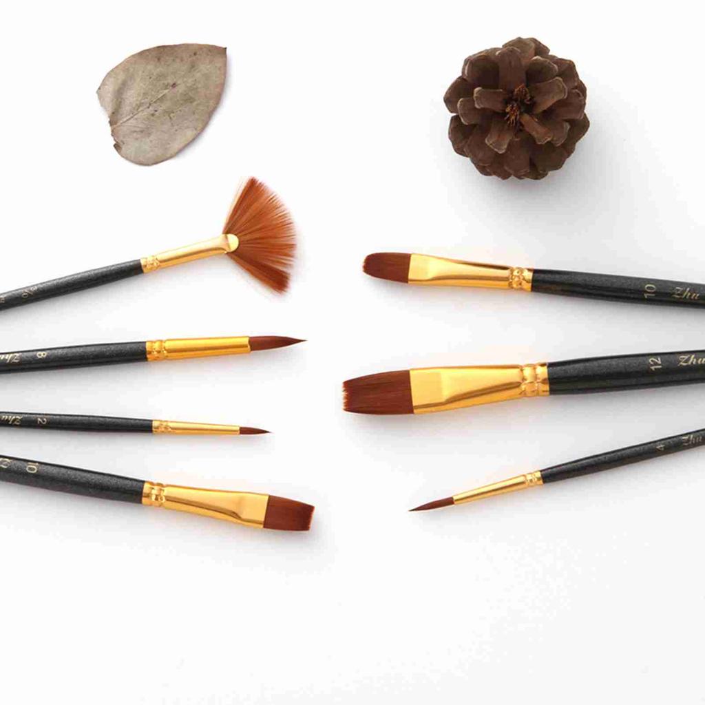 7pcs set Art Paint Brushes Set Round & Flat & Filbert & Fan Tips Professional Drawing Paintbrushes Nylon Hair Wooden