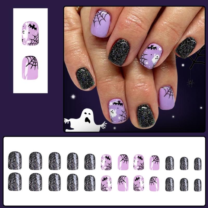 Halloween Faux Nails 24PCS Dark Cobweb Glittering Ghosty And Skeletons Easy Application For Parties