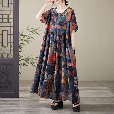 Short Sleeve Plus Size Cotton Vintage Floral New In Dresses for Women Casual Loose Maxi Long Summer Dress