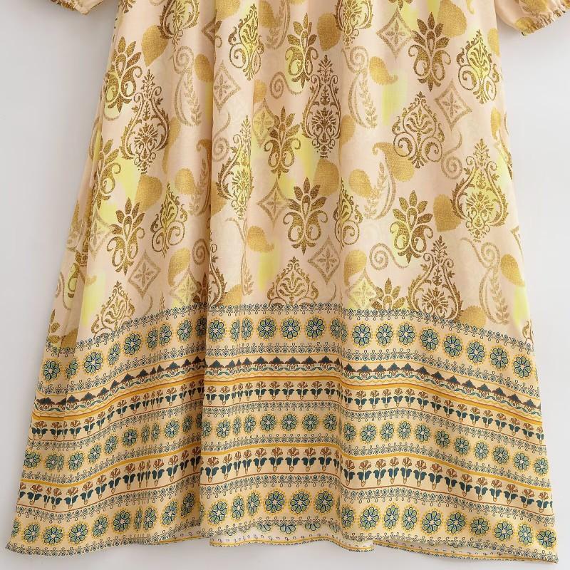 Boho Gold Foil Floral Print Dress V-Neck Tie Waist Lantern Sleeve A-Line Maxi Vacation