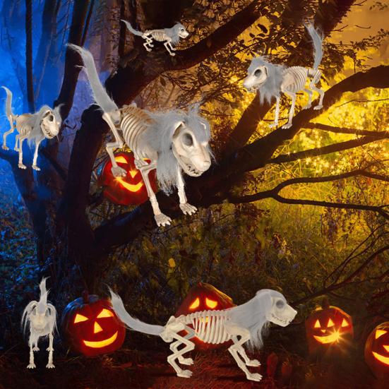 Halloween Skeleton Dog Decoration Posable Standing Dog Skeleton with Movable Joints Plastic Full Body Dog Bone with Mane
