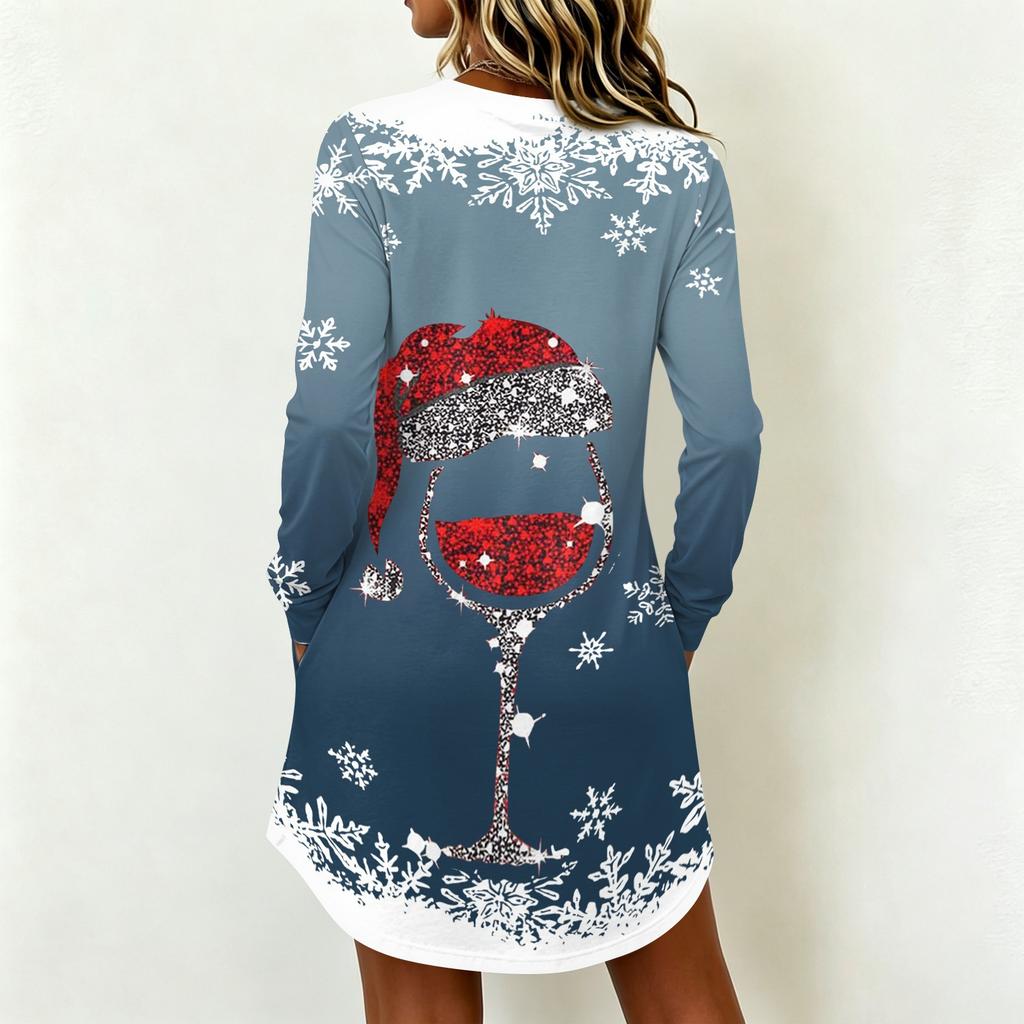 Women's Casual Long Sleeve Christmas Print Neck Dress – Festive Holiday Party Outfit