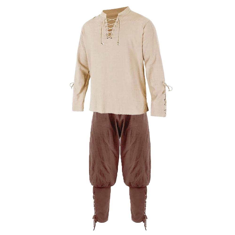Renaissance-Sets für Herren, Piratenhemden und -hosen, Herrenkostüm, Baumwolle, Leinen, V-Ausschnitt, Kordelzug, Partykleid, zweiteilig