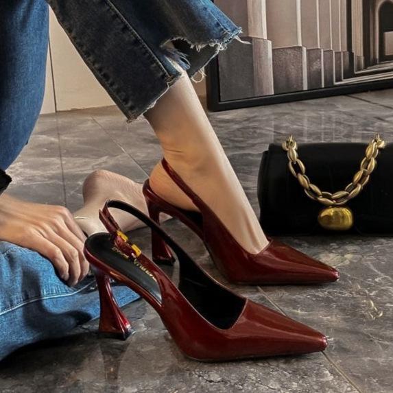 Poplar Forest with the Same Burgundy Sexy Bag Head Sandals Women's Rear Strap Patent Leather Versatile Thin Heel Pointed High Heels Women
