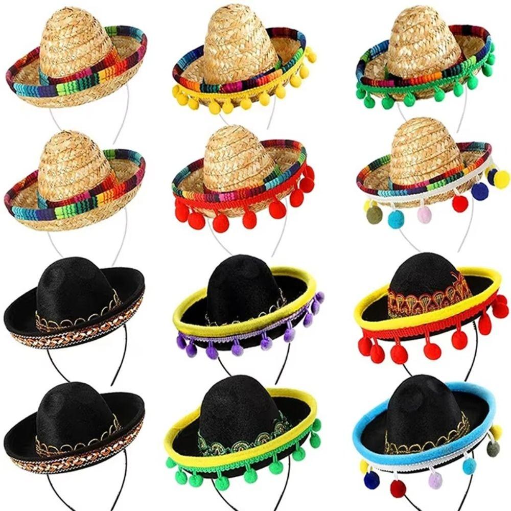NEW DIY Mexican Mini Hat Straw with Hoop Sombrero Hat Headdress Performance Props Party Decoration