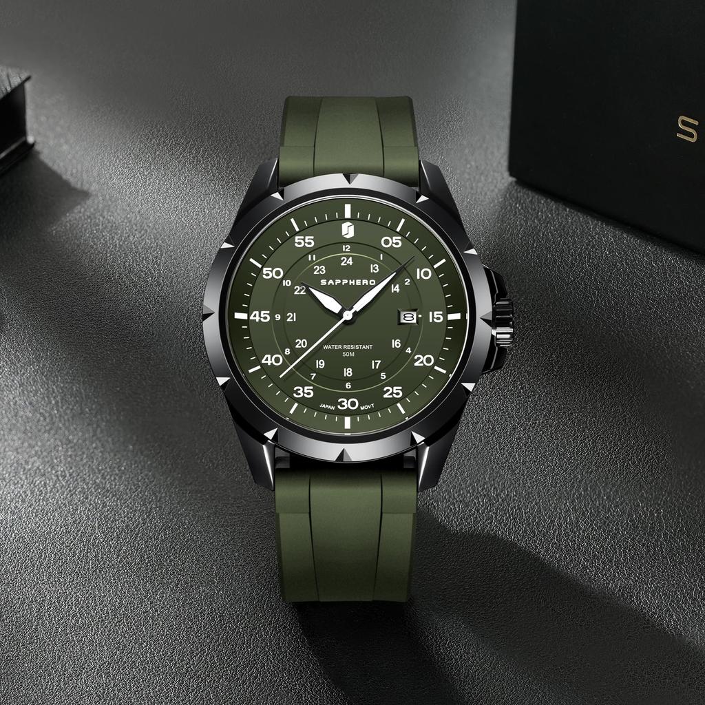 SAPPHERO Analog 50M Water Luminous Silicone Date Easy to Suitable for and Everyday Green Green Dial Men's Watch, Resistant, Hands, Band, Display,