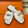Real Soft Leather Silver Buckle Slippers Women's 2025 Summer New French Lock Flat Bottom Cool Slippers Wear Half Slippers Women