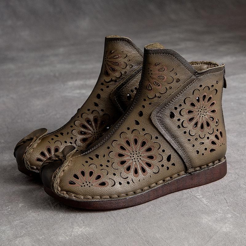 Johnature Summer Sandals Genuine Leather Retro Breathable Hollow-out Boots Handmade Women Clogs Flats Shoes