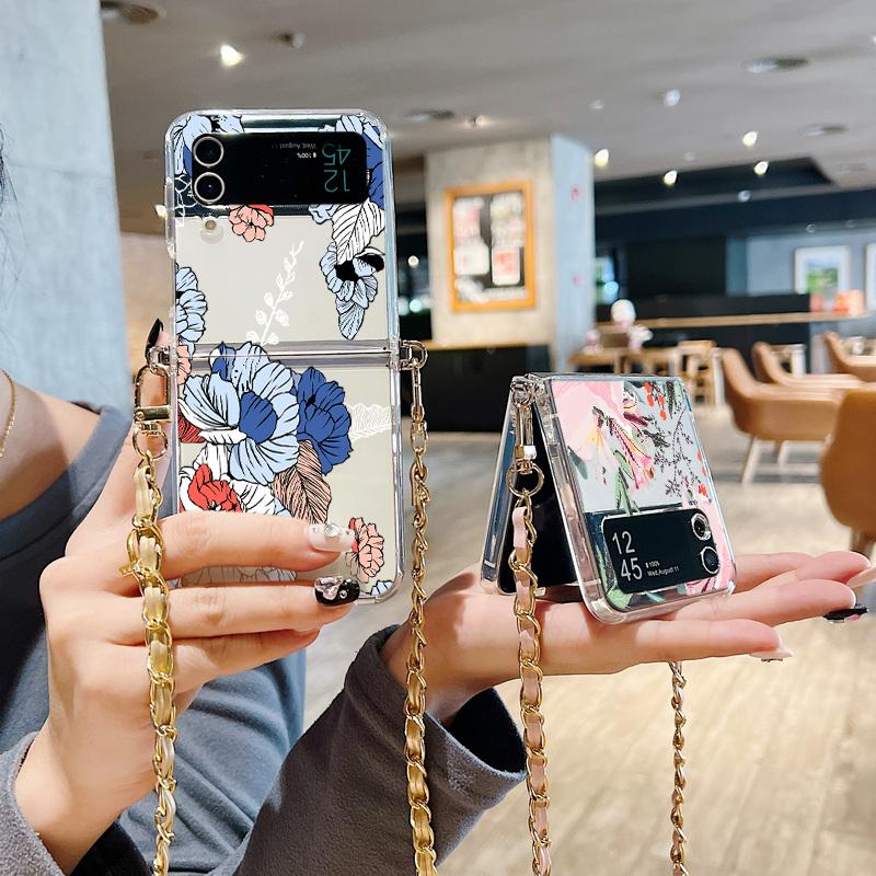 

Роскошный цветочный принт, 2 шт., складной чехол для Samsung Z Flip5 Flip4, бабочка, противоударный металлический ремешок через плечо, тонкий, прозрачный, мягкий, силиконовый чехол для телефона Samsung Z Flip5