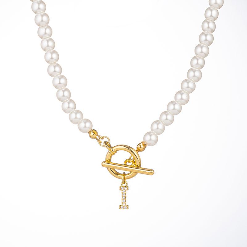 Zircon Crystal Initial A-Z Letter Pendant Necklace for Women Toggle Clasp Imitation Pearls Necklaces Wedding Jewelry Gift