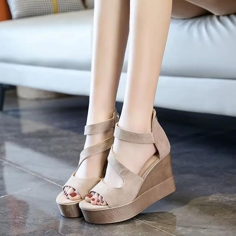 Fashion Velvet Thick Sole Waterproof Platform Back Zipper Roman Sandals Hollow Slope Heels Fish Mouth High Heels for Women  Plus Size 40