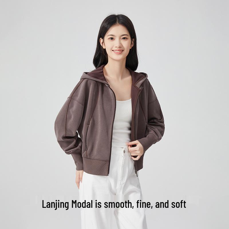 Orchid Essence Women's Sand Washed Modal Hoodie Cardigan - Casual and Versatile Sweatshirt