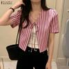 ZANZEA Women Lace-Up V-Neck Casual Short Sleeve Stripe Cardigan Blouse
