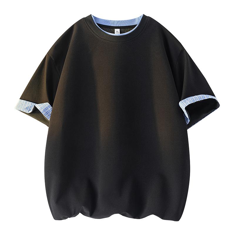 

Клетчатая футболка с короткими рукавами и манжетами для мужчин с контрастной отстрочкой Повседневный топ 2XL чёрный