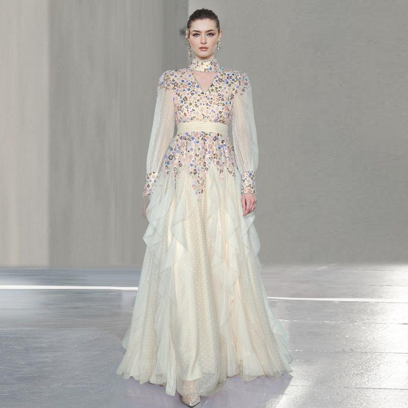 

V-neck Hanging Neck Heavy Industry Sequins Beads Waist Hugging Frill Elegant Big Hemline Long Formal Dress Dress 2025 Spring Apricot color S