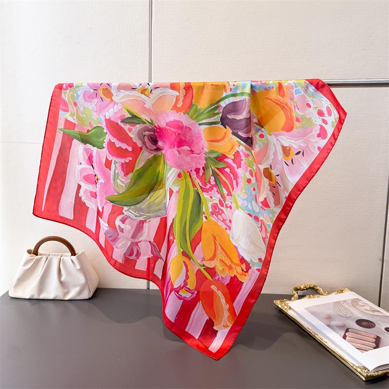 New Artistic Style Printed Imitation Silk Square Scarf Shawl Versatile High-end Feeling Neck Small Headscarf